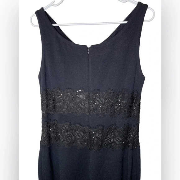 NWT St John Evening Santana Drape Neck Black Lace Middle Dress Dark Blue Size 12 - Picture 4 of 10